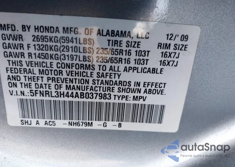 2010 Honda Odyssey Ex z USA, uszkodzony, nr VIN 5FNRL3H44AB037983